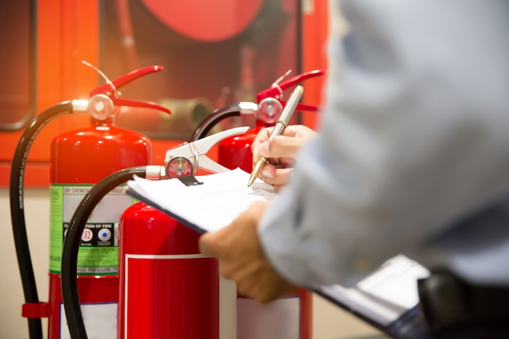 Fire safety equipment and technician representing complete fire protection for a Suriname business