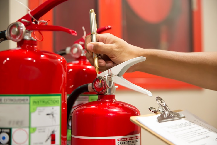 Engineers assessing fire extinguisher placement and coverage in a commercial building in Suriname
