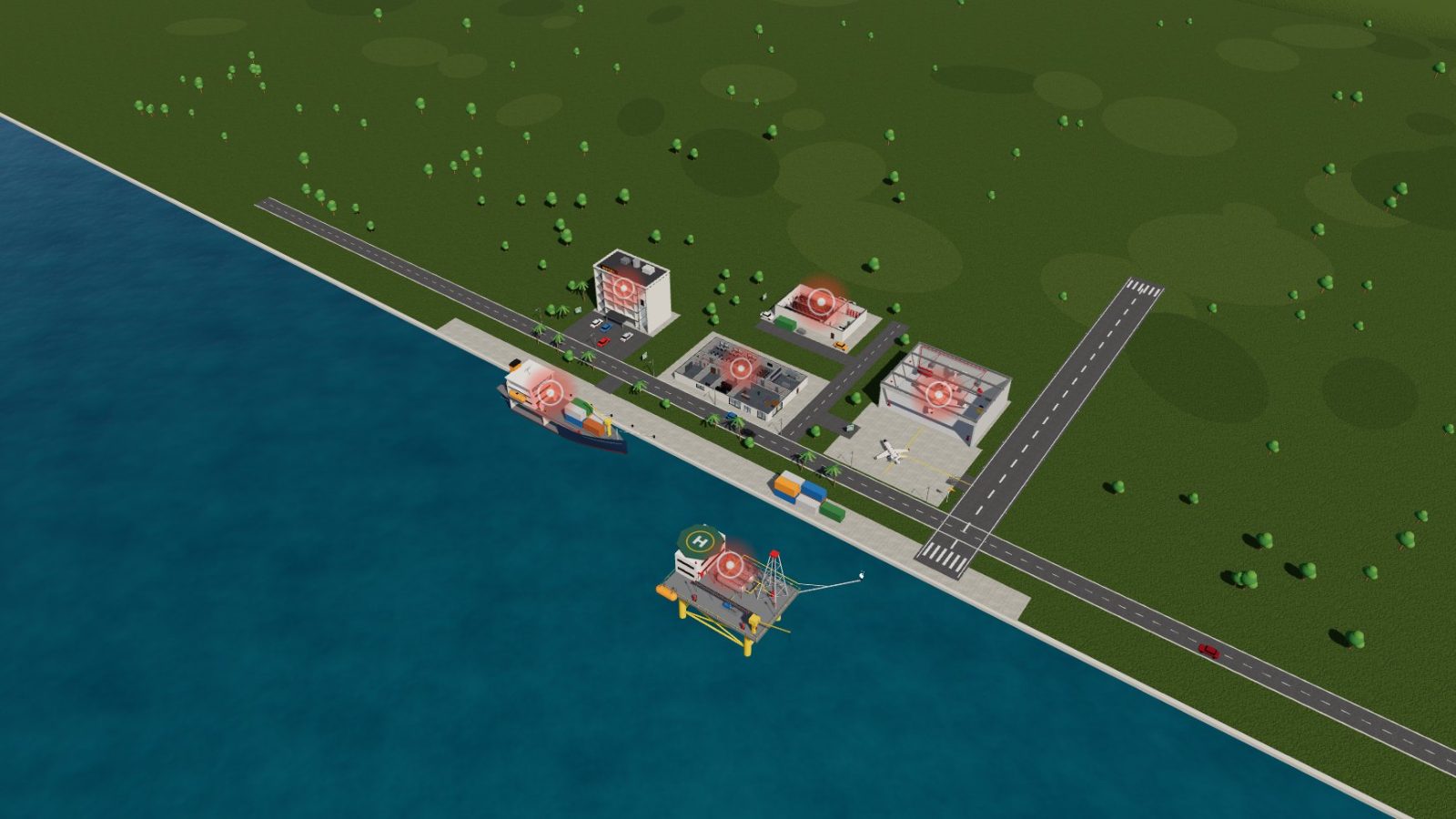 3D model of buildings, a ship and an oil platform in the Gateway Fire simulator